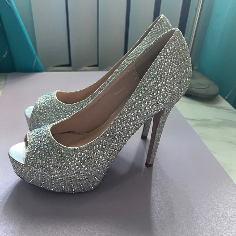 Silver Rhinestone Peeptoe Pumps - Picture 2 of 6
